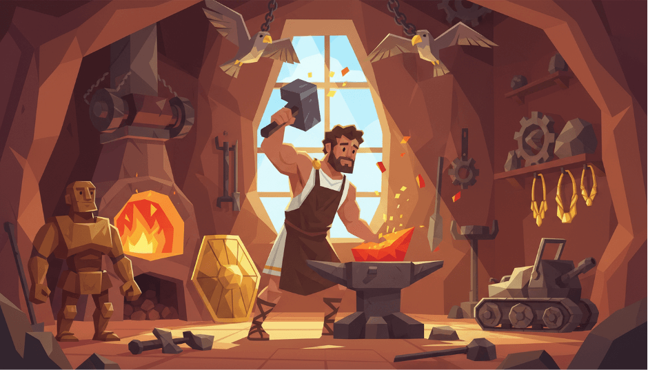 A muscular bearded blacksmith in a leather apron swings a hammer over a glowing piece of metal on an anvil inside a stone forge. A fire blazes in the furnace to his left, two white birds fly near a bright window, and the workshop is decorated with a golden shield, hanging horseshoes, gears, a suit of armor, and a small toy tank.