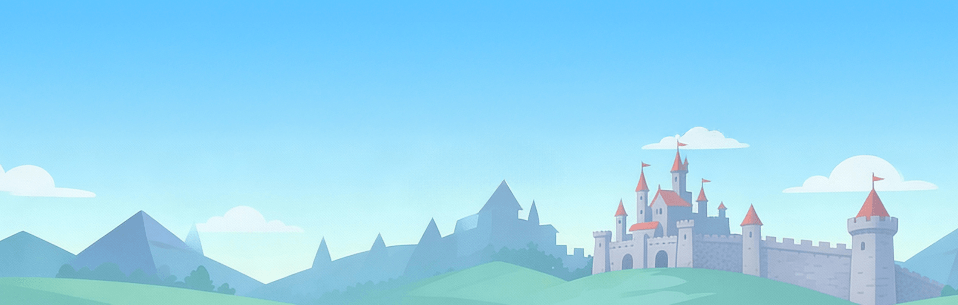 Illustration of a landscape with mountains and a medieval castle under a clear blue sky