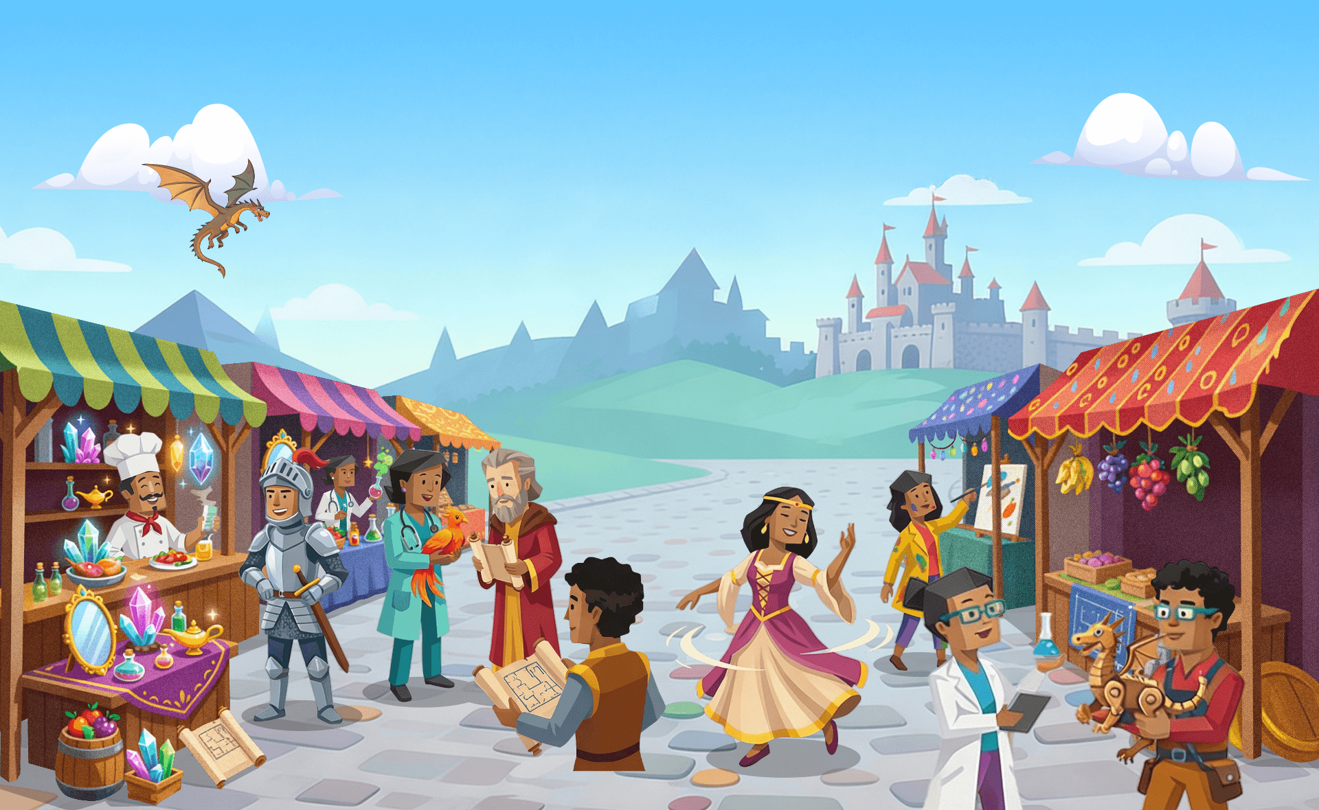 Colorful fantasy marketplace with merchants, knights, wizards, dancers, and magical items, with a castle in the background.